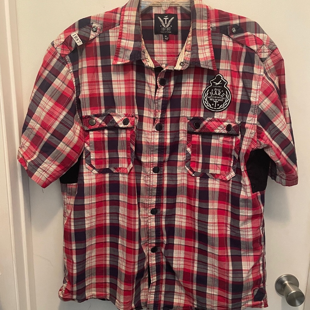 Triple Fat Goose Mens Shirt XL  Embroidered Plaid Cotton
